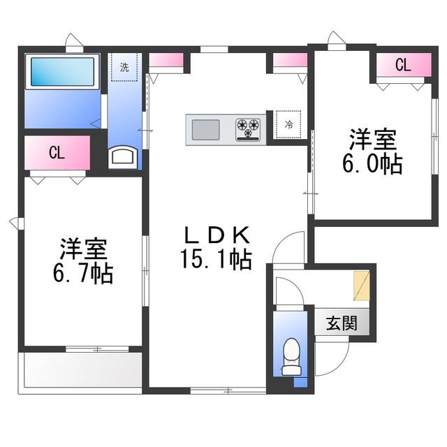 クインテット土生D(2LDK/1階)の間取り写真