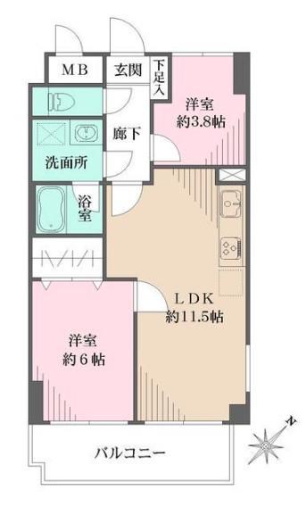 藤和シティホームズ新宿余丁町(2LDK/4階)の間取り写真