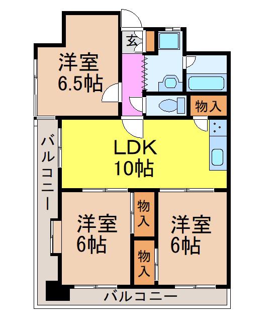 鶴陽明ハイツ(3LDK/3階)の間取り写真