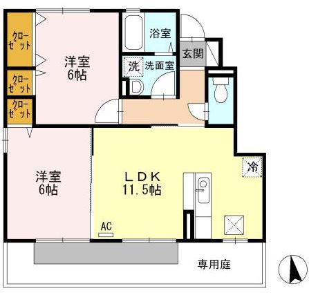 キューピッドK A棟(2LDK/1階)の間取り写真