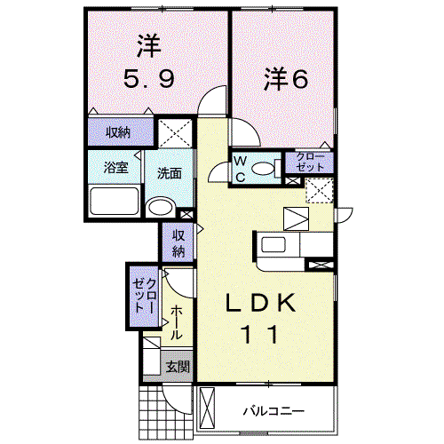 エルシャトー吉備V(2LDK/1階)の間取り写真