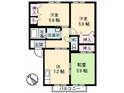 パティオ 3棟(3DK/2階)の間取り写真