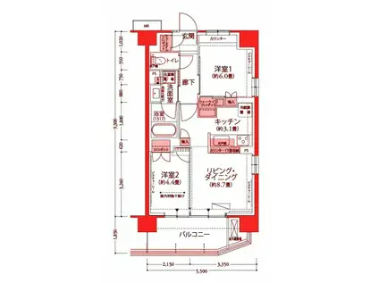 フロール横浜井土ヶ谷(2LDK/2階)の間取り写真