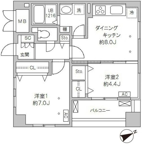 SUN SPRING TOWER(2DK/2階)の間取り写真