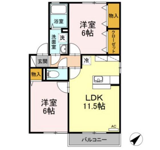 メルベーユコートB棟(2LDK/1階)の間取り写真