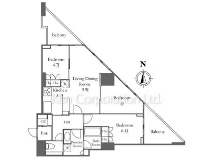 富久クロスコンフォートタワー(3LDK/34階)の間取り写真