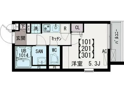 イクシオひばりヶ丘(1K/3階)の間取り写真