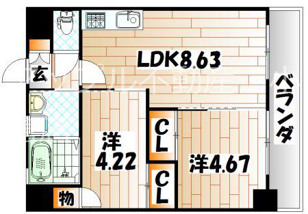 ウィングス砂津(2LDK/3階)の間取り写真
