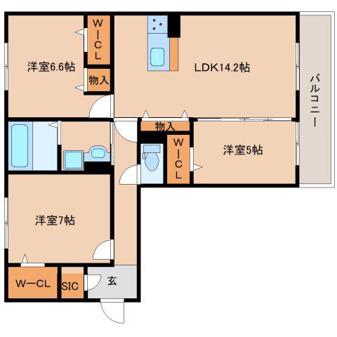 近鉄奈良線 新大宮駅 徒歩19分 3階建 築1年(3LDK/1階)の間取り写真