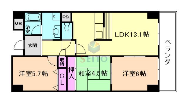 サニーサイド曽根(3LDK/5階)の間取り写真