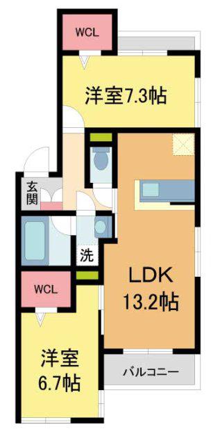 CERNE西宮(2LDK/3階)の間取り写真