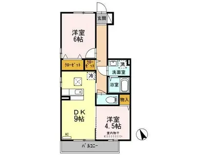 セジュール AI B棟(2DK/1階)の間取り写真