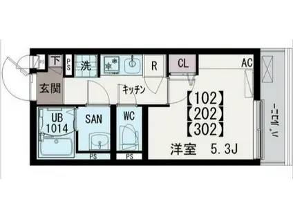 イクシオひばりヶ丘(1K/1階)の間取り写真