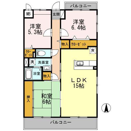 ボヌール宝塚(3LDK/3階)の間取り写真