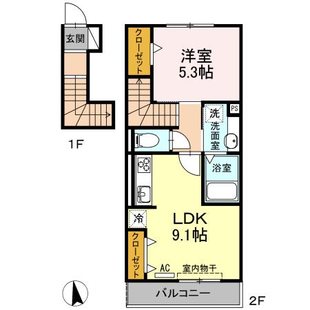 名鉄小牧線 間内駅 徒歩12分 2階建 築9年(1LDK/2階)の間取り写真
