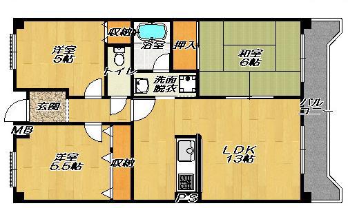 セレコート住道(3LDK/1階)の間取り写真