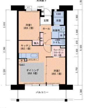 URグリーンヒルズ仁川 4号棟(2DK/6階)の間取り写真