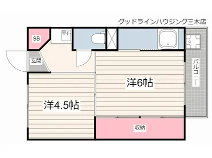 ビレッジハウス朝日ヶ丘2号棟(2K/2階)の間取り写真