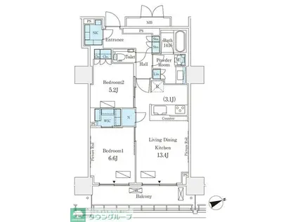 ロイヤルパークス品川(2LDK/11階)の間取り写真