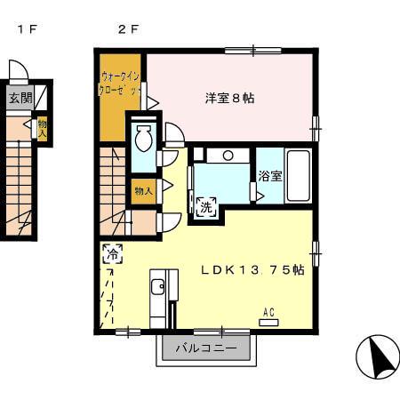 クレストヒルズB棟(1LDK/2階)の間取り写真