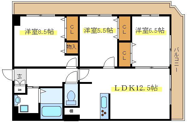 グロリア参番館(3LDK/9階)の間取り写真