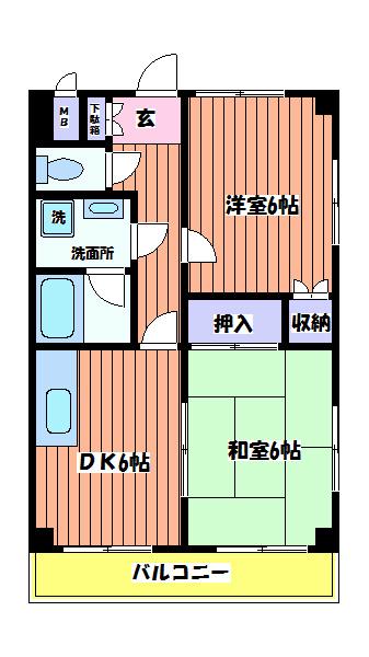 メインビル国立(2DK/2階)の間取り写真