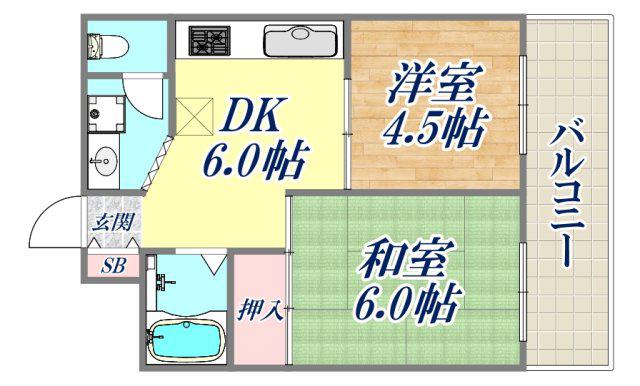 ドムール板宿(2DK/6階)の間取り写真