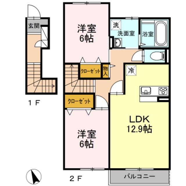 越の山ハイツ A(2LDK/2階)の間取り写真