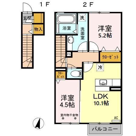 グリーンハイツ八坂東(2LDK/2階)の間取り写真