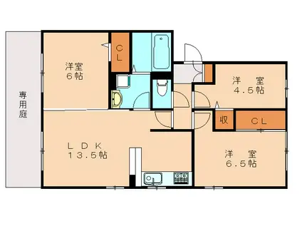 ラパン学研台B棟(3LDK/1階)の間取り写真