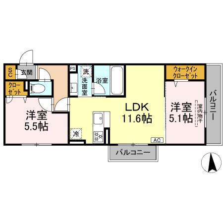 GREEN GARDEN A棟(2LDK/2階)の間取り写真