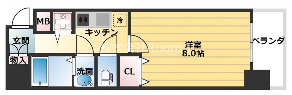 ジアコスモ谷町四丁目(1K/2階)の間取り写真