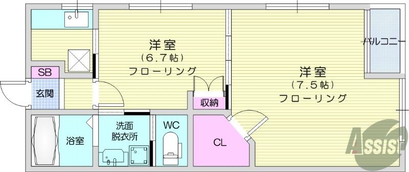 エスベランサ鈎取(2K/2階)の間取り写真