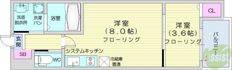 マシェルナ西多賀(1LDK/3階)の間取り写真