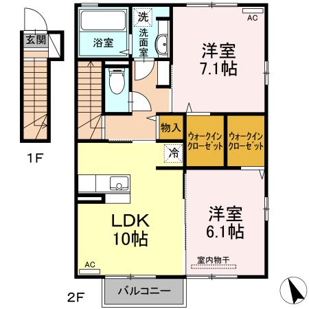 デン・バース(2LDK/2階)の間取り写真