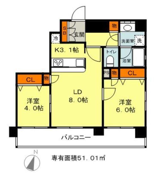 レジディア両国(2LDK/6階)の間取り写真