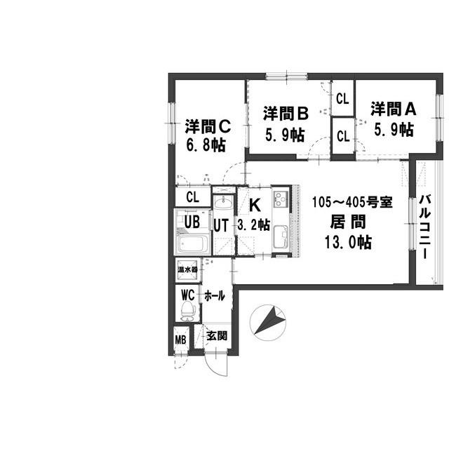 グランメール平和通6A(3LDK/2階)の間取り写真