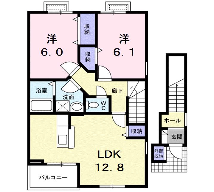 カルフールオリゾンB(2LDK/2階)の間取り写真