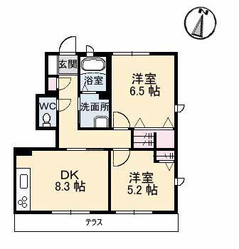 モンターニュB棟(2DK/1階)の間取り写真