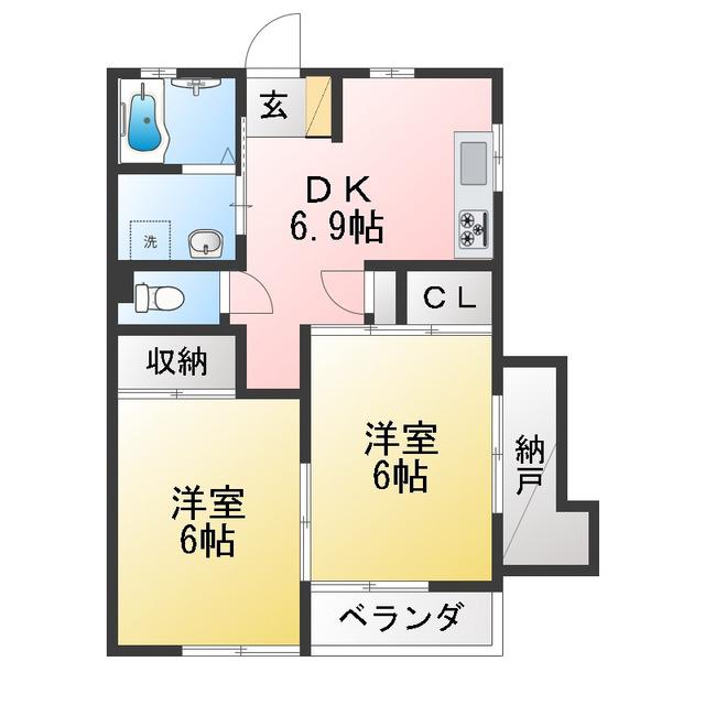 ドムス2(2DK/1階)の間取り写真