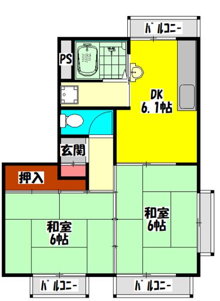 大枝ハイツ(2DK/3階)の間取り写真