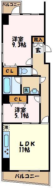サザンクロス(2LDK/9階)の間取り写真