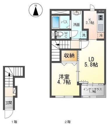 仲間町アパートA棟(1LDK/2階)の間取り写真