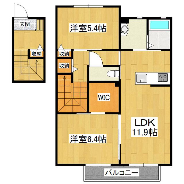 ウッドビレッジ C棟(2LDK/2階)の間取り写真
