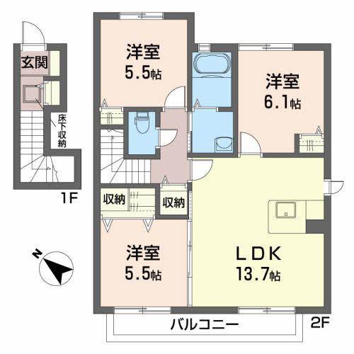 アムールコートIIB(3LDK/2階)の間取り写真