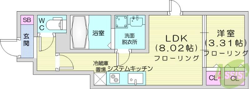 JR東北本線 東仙台駅 徒歩5分 2階建 築1年(1LDK/1階)の間取り写真