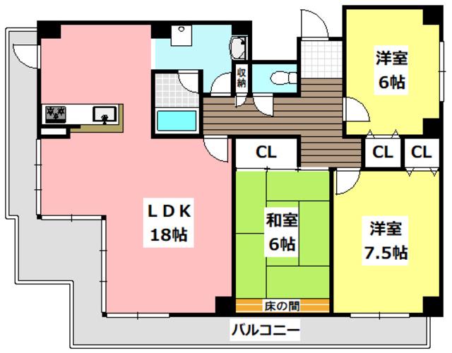 ロイヤル南茨木(3LDK/6階)の間取り写真