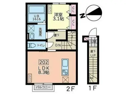 デュマンI(1LDK/2階)の間取り写真