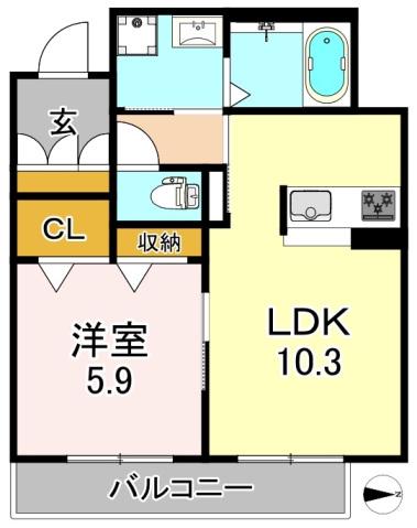 ブルーメ平野西(1LDK/2階)の間取り写真