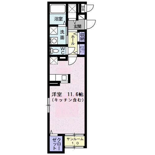 プラシードR(ワンルーム/1階)の間取り写真